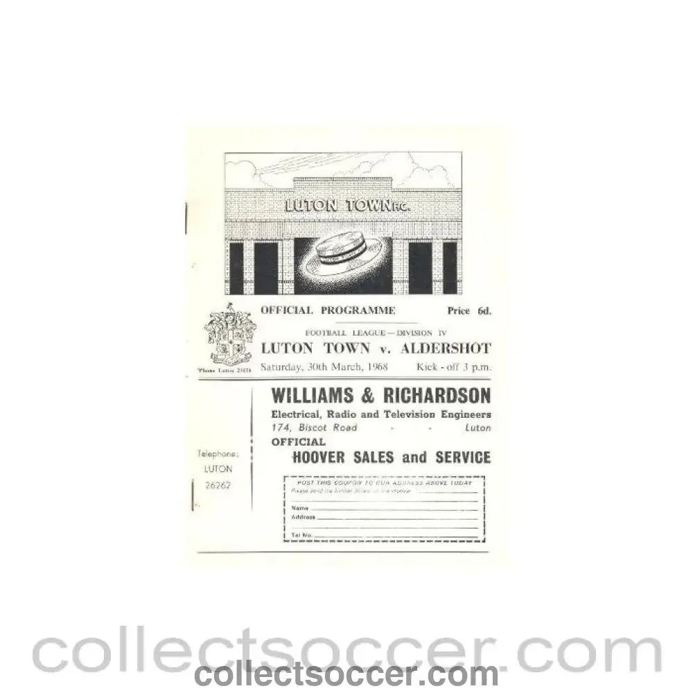 1968 - Luton Town v Aldershot official programme 30/03/1968 - Collect Soccer