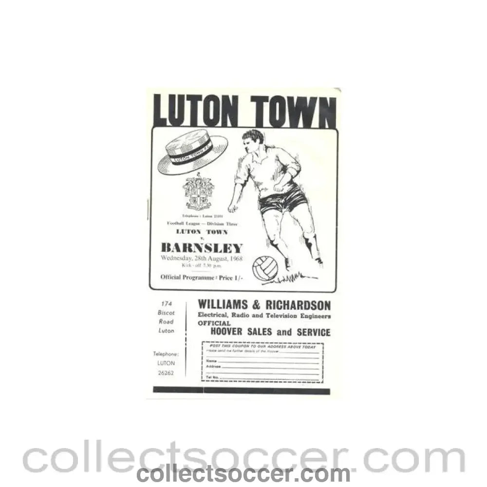 1968 - Luton Town v Barnsley official programme 28/08/1968 Football League - Collect Soccer