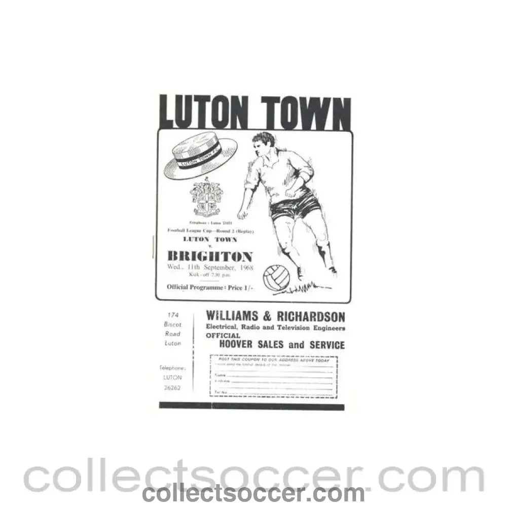 1968 - Luton Town v Brighton & Hove Albion official programme 11/09/1968 Football League - Collect Soccer