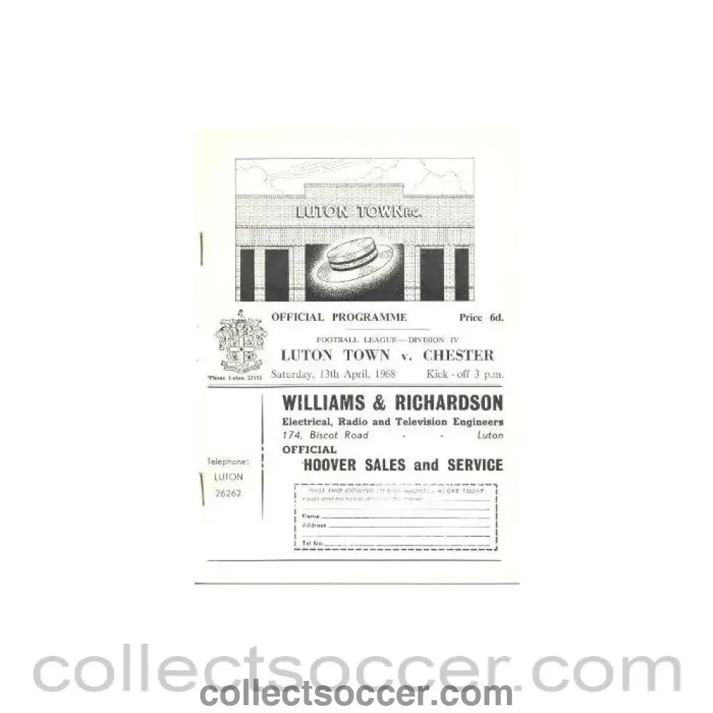 1968 - Luton Town v Chester official programme 13/04/1968 - Collect Soccer