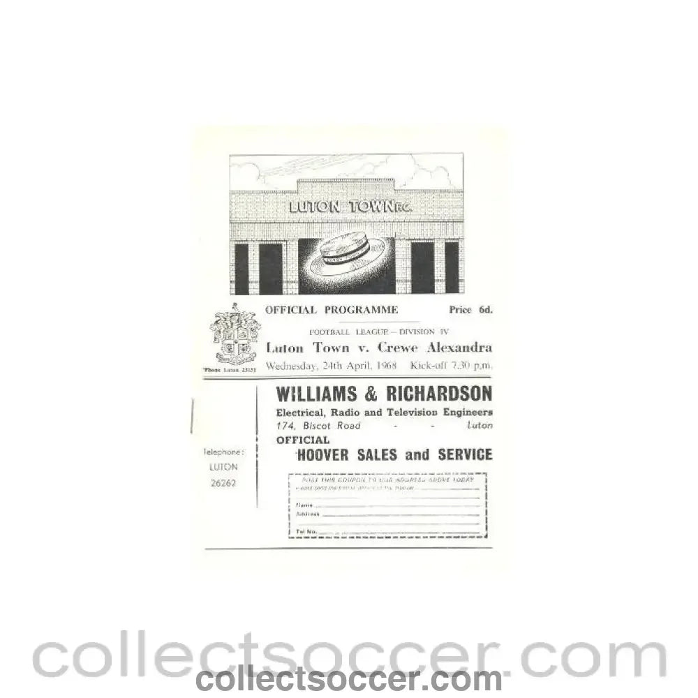 1968 - Luton Town v Crewe Alexandra official programme 24/04/1968 - Collect Soccer