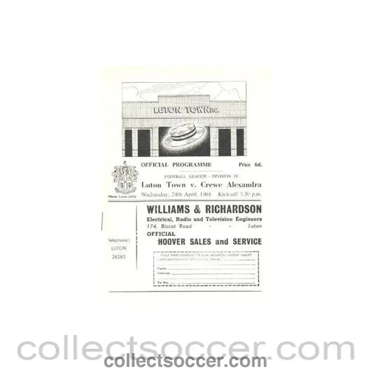 1968 - Luton Town v Crewe Alexandra official programme 24/04/1968 - Collect Soccer