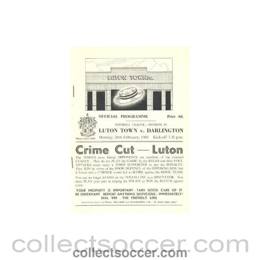 1968 - Luton Town v Darlington official programme 26/02/1968 - Collect Soccer