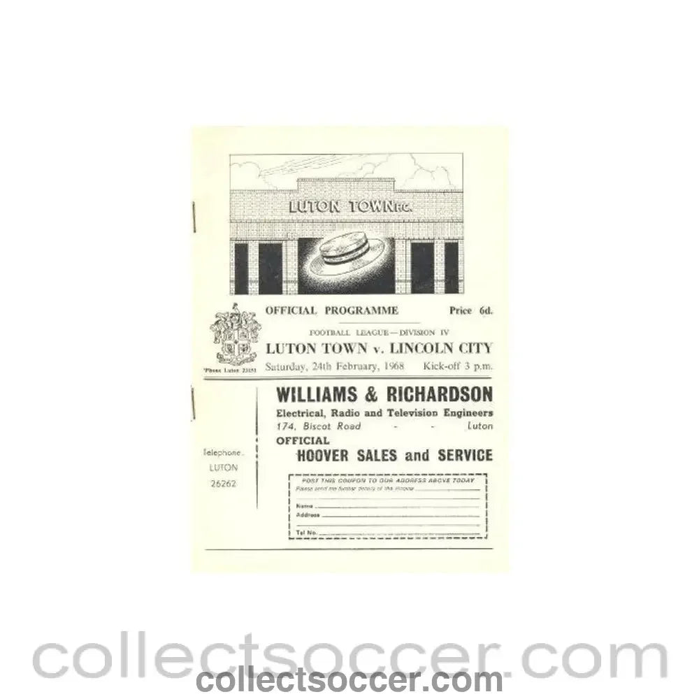 1968 - Luton Town v Lincoln City official programme 24/02/1968 - Collect Soccer