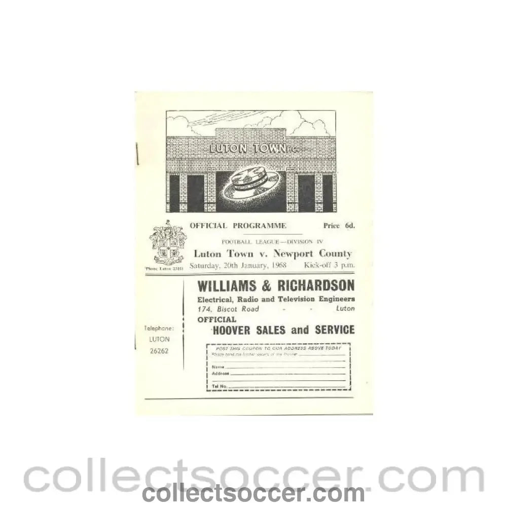 1968 - Luton Town v Newport County official programme 20/01/1968 - Collect Soccer