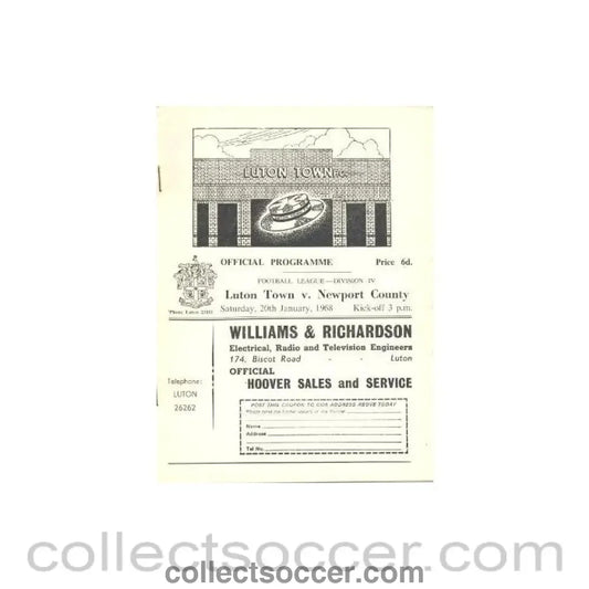 1968 - Luton Town v Newport County official programme 20/01/1968 - Collect Soccer