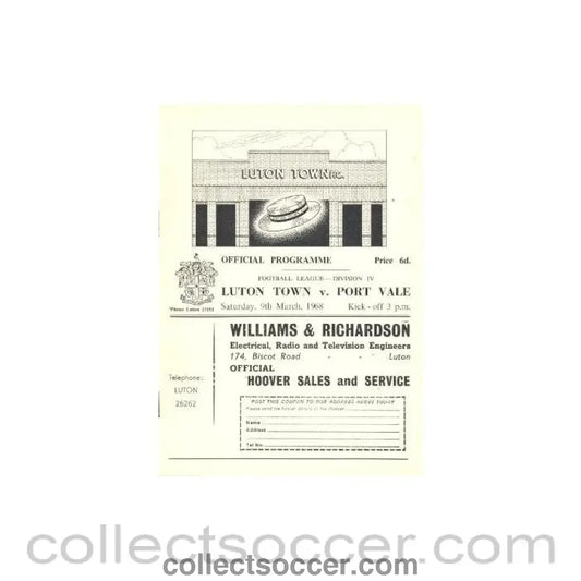1968 - Luton Town v Port Vale official programme 09/03/1968 - Collect Soccer