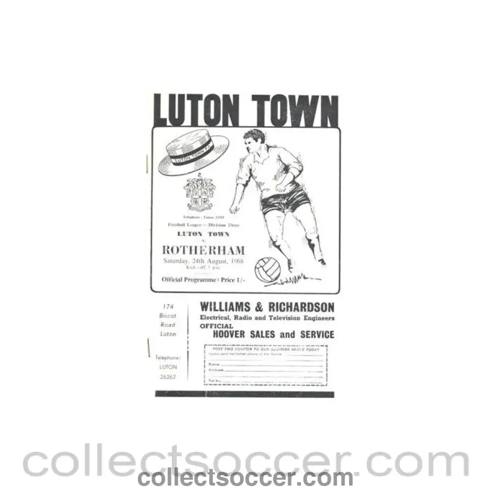 1968 - Luton Town v Rotherham official programme 24/08/1968 Football League - Collect Soccer