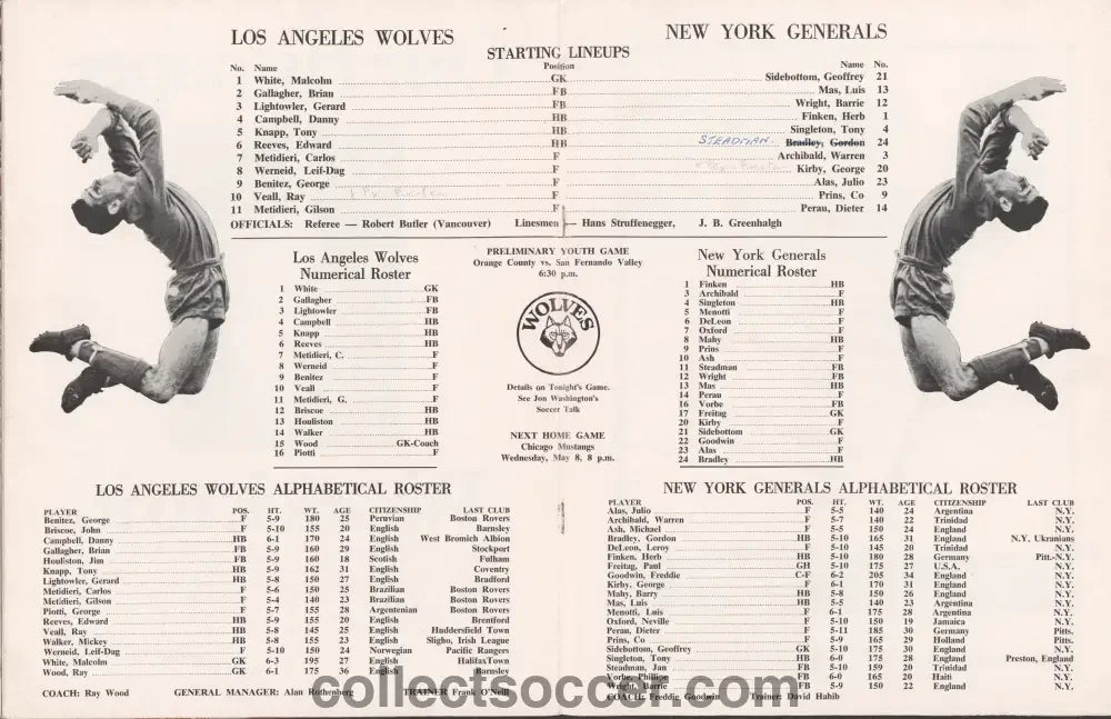 1968 New York Generals v Los Angeles Wolves (Wolverhampton Wanderers) Official Programme - Collect Soccer