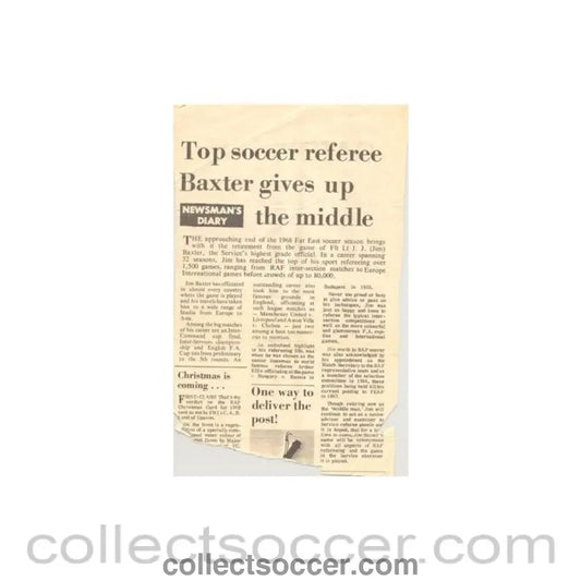 1968 - Newspaper cutting - an article about the retirement of referee Jim Baxter in 1968