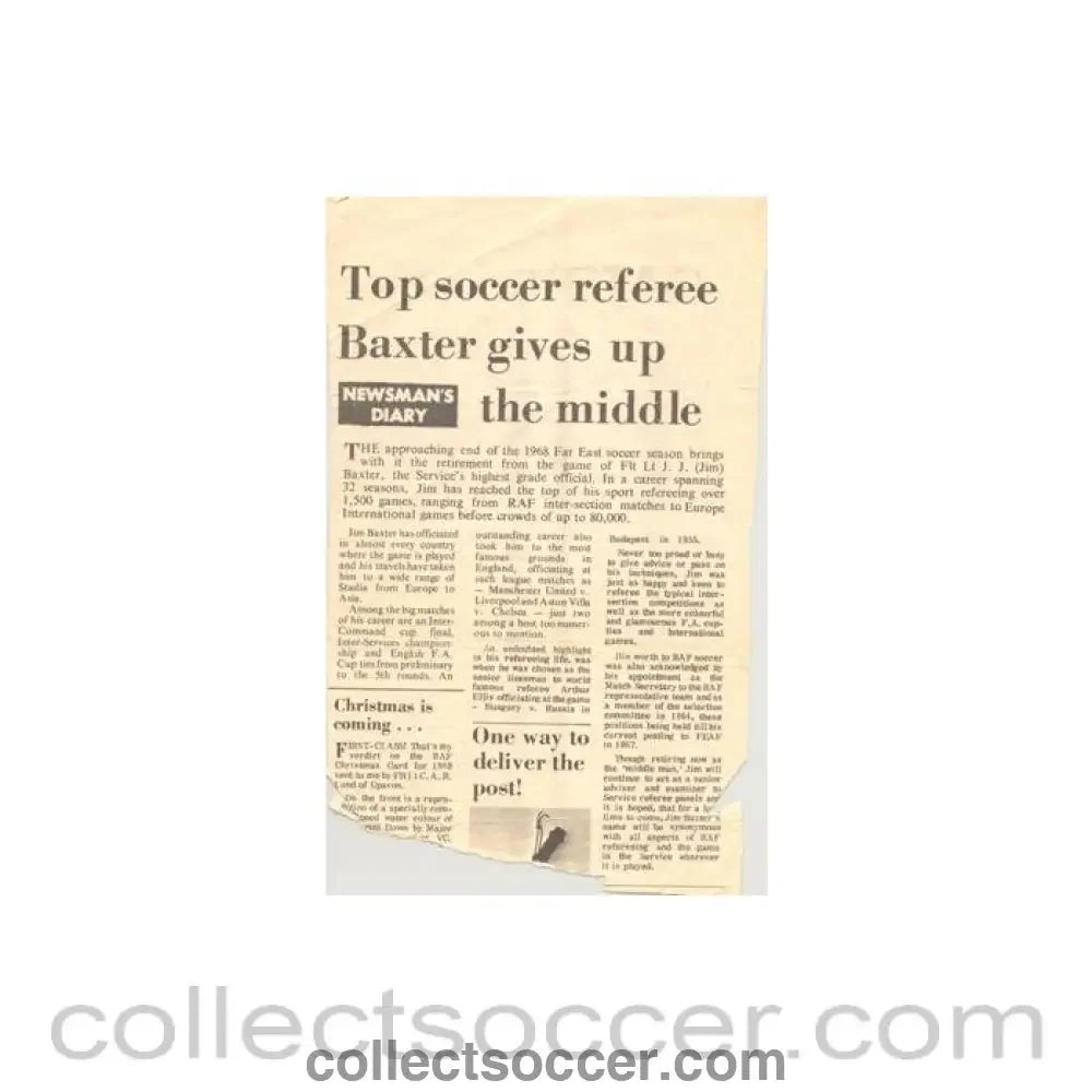 1968 - Newspaper cutting - an article about the retirement of referee Jim Baxter in 1968