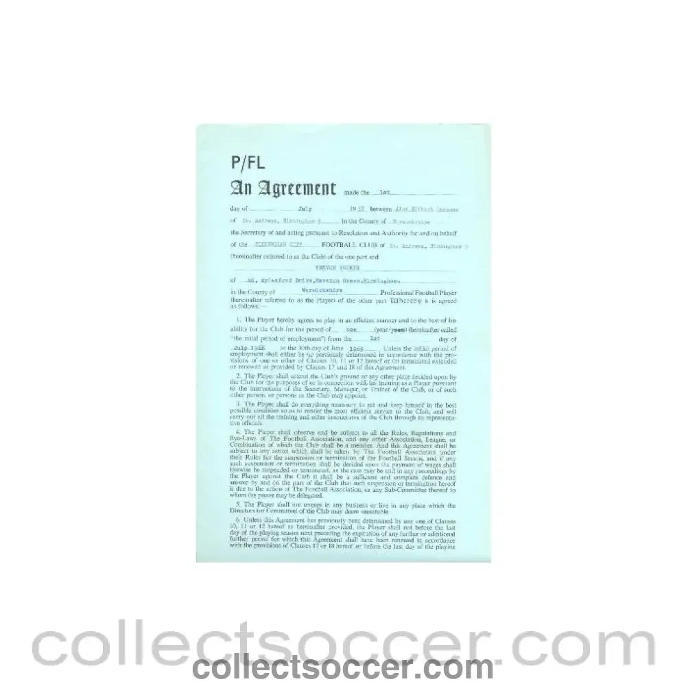 1968 - Player Contract Birmingham City F.C. and Trevor Hockey 1968