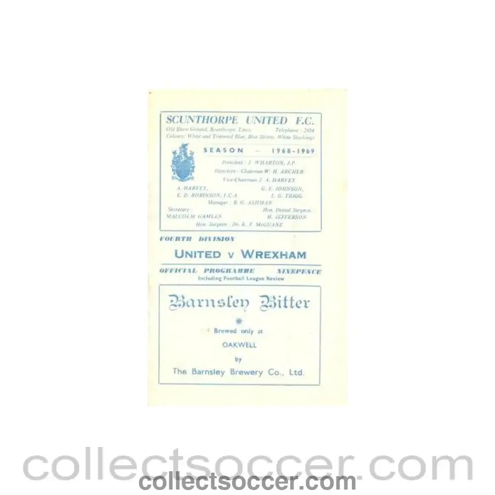 1968 - Scunthorpe United v Wrexham official programme 1968 - 1969 Football League - Collect Soccer