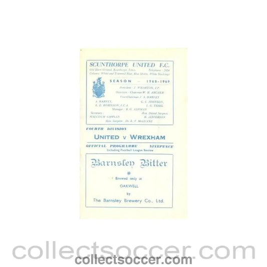 1968 - Scunthorpe United v Wrexham official programme 1968 - 1969 Football League - Collect Soccer