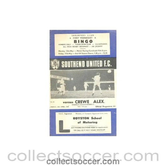 1968 - Southend United v Crewe Alexandra official programme 26/04/1968 Football League - Collect Soccer