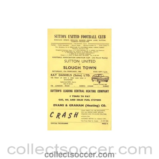 1968 - Sutton United v Slough Town official programme 17/02/1968 - Collect Soccer