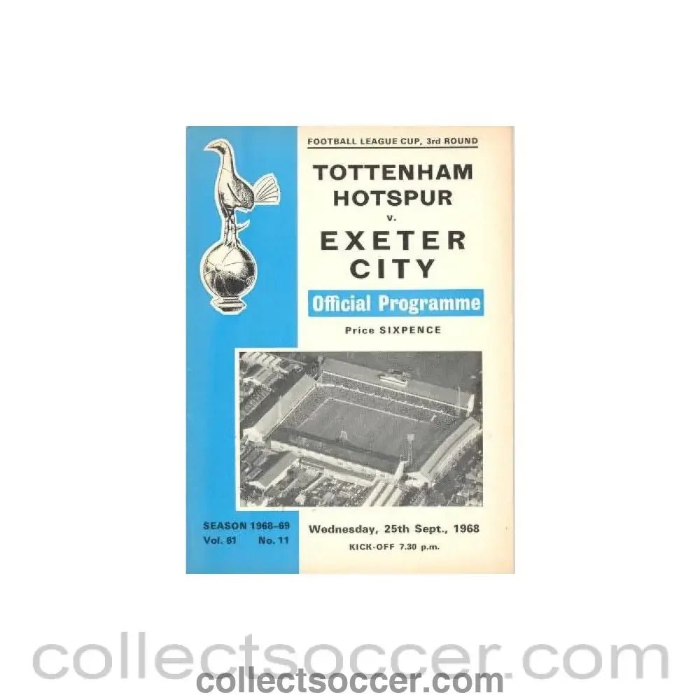 1968 - Tottenham Hotspur v Exeter City official programme 25/09/1968 Football League - Collect Soccer