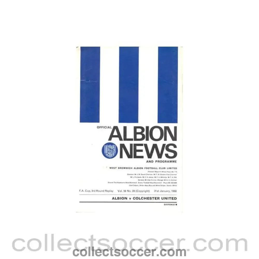 1968 - West Bromwich Albion v Colchester United official programme 31/01/1968 Football League - Collect Soccer