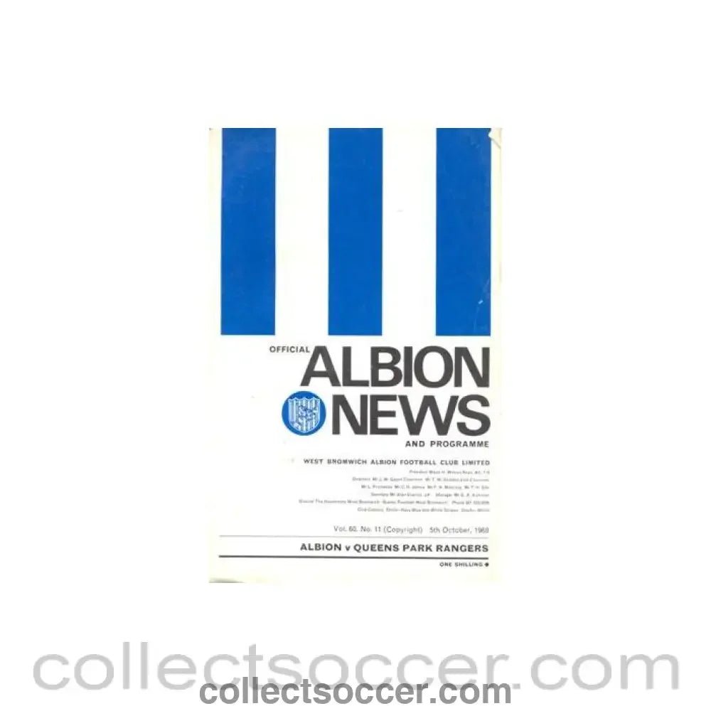 1968 - West Bromwich Albion v Queen's Park Rangers official programme 05/10/1968 Football League - Collect Soccer