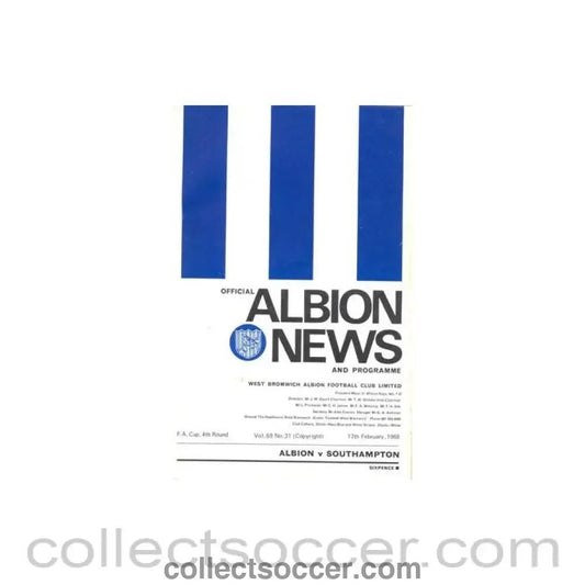 1968 - West Bromwich Albion v Southampton official programme 17/02/1968 Football League - Collect Soccer