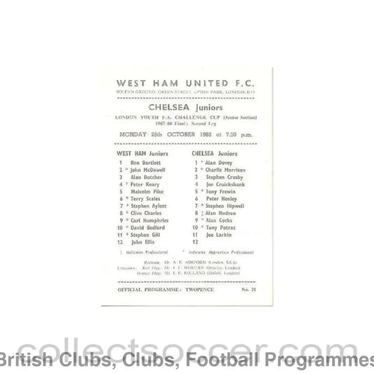 1968 - West Ham United Juniors vChelsea Juniors official programme 28/10/1968