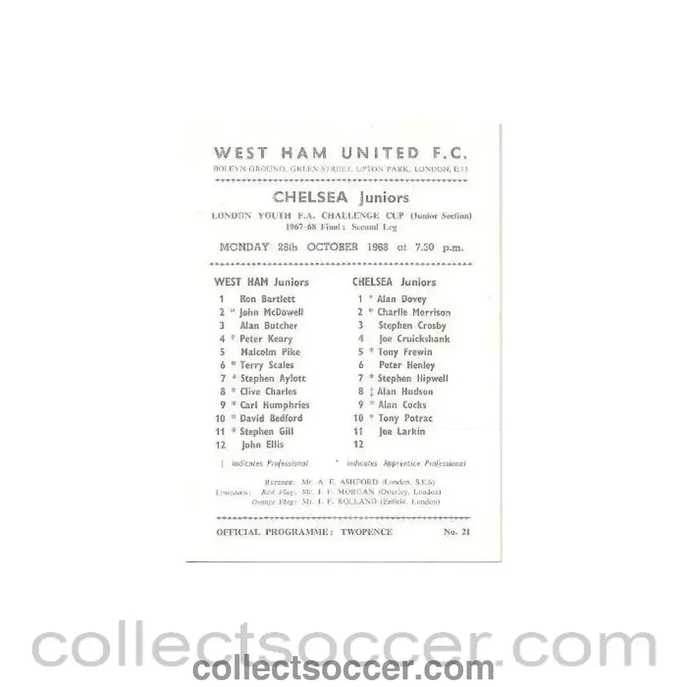 1968 - West Ham United Juniors vChelsea Juniors official programme 28/10/1968 - Collect Soccer