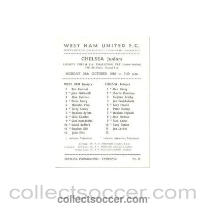 1968 - West Ham United Juniors vChelsea Juniors official programme 28/10/1968 - Collect Soccer