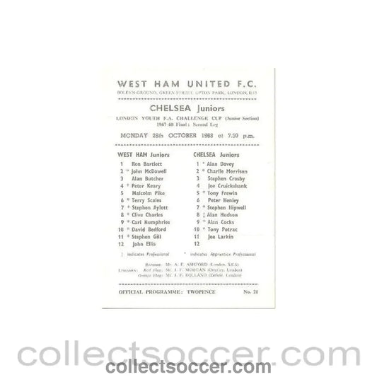 1968 - West Ham United Juniors vChelsea Juniors official programme 28/10/1968 - Collect Soccer