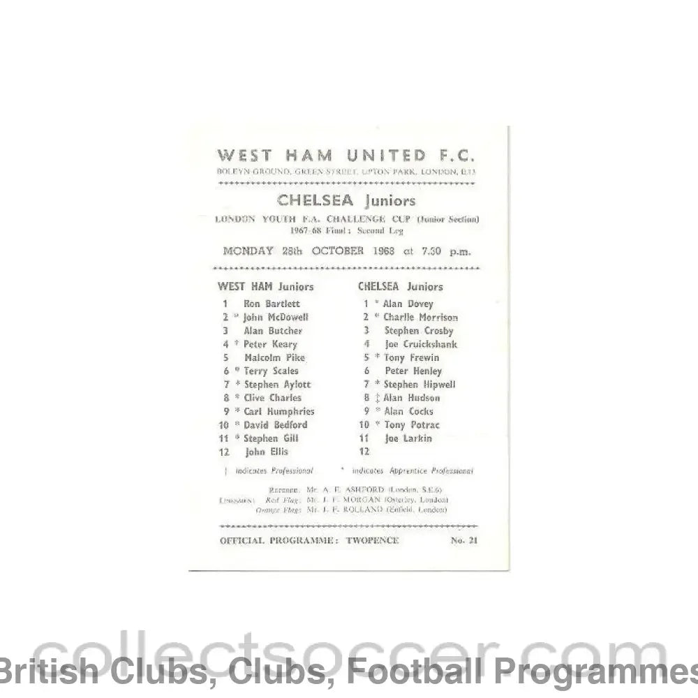 1968 - West Ham United Juniors vChelsea Juniors official programme 28/10/1968