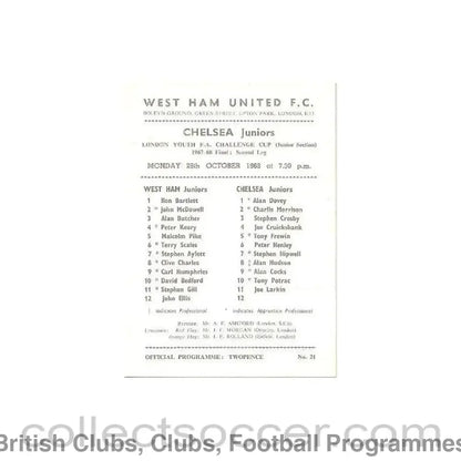 1968 - West Ham United Juniors vChelsea Juniors official programme 28/10/1968
