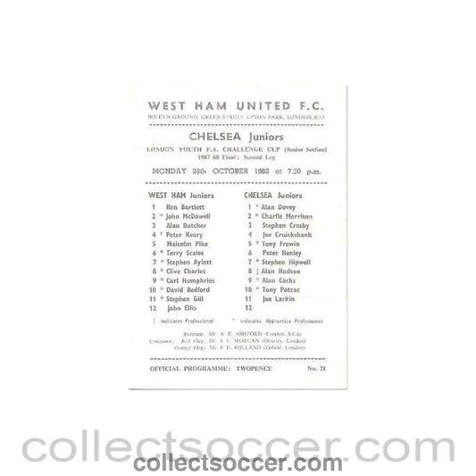 1968 - West Ham United Juniors vChelsea Juniors official programme 28/10/1968 - Collect Soccer