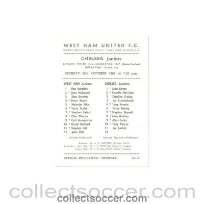 1968 - West Ham United Juniors vChelsea Juniors official programme 28/10/1968 - Collect Soccer