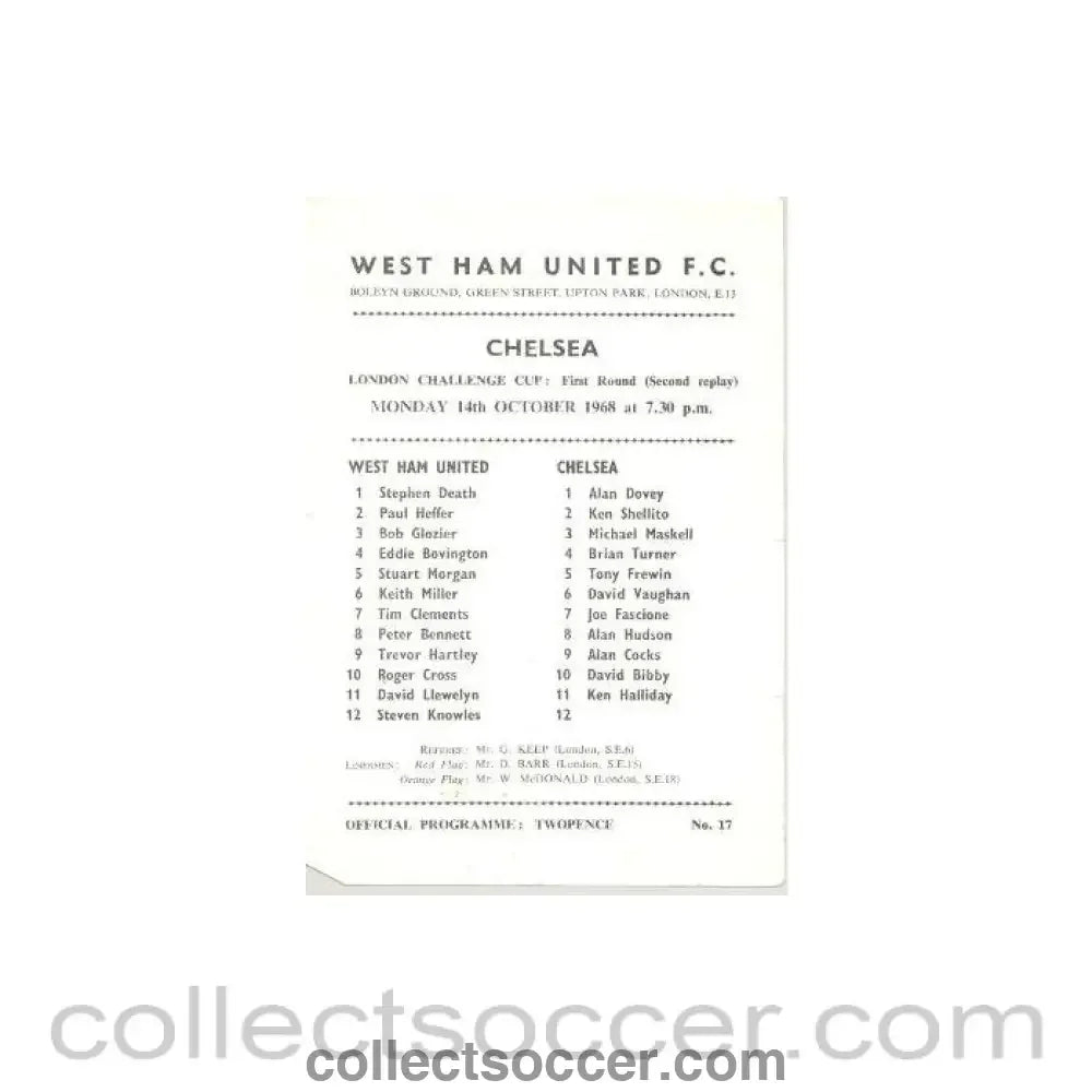 1968 - West Ham United vChelsea official programme 14/10/1968 London Challenge Cup - Collect Soccer