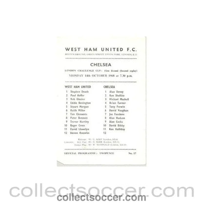 1968 - West Ham United vChelsea official programme 14/10/1968 London Challenge Cup - Collect Soccer