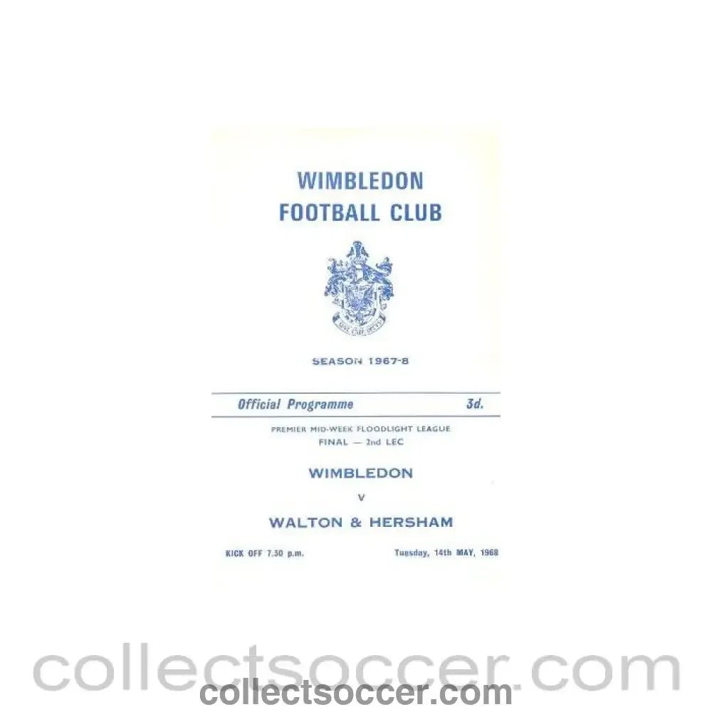 1968 - Wimbledon v Walton & Hersham official programme 14/05/1968 - Collect Soccer