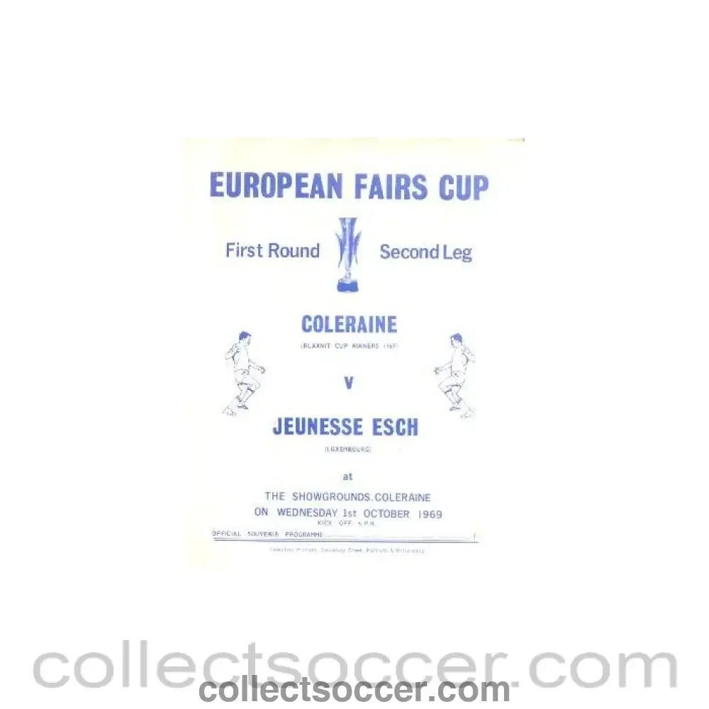 1969 - Coleraine v Jeunesse Esch European Fairs Cup First Round Second Leg official programme 01/10/1969 - Collect Soccer