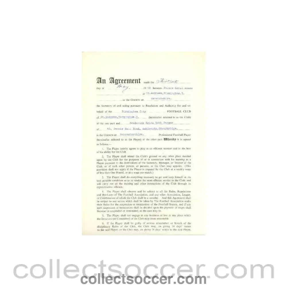 1969 - Contract For Hire of a Player between Birmingham City F.C. and Frederick Brian Webb Farmer of 13/05/1969 - Collect Soccer