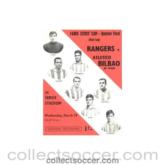 1969 - Glasgow Rangers v Atletico Bilbao, Spain official programme 19/03/1969 - Collect Soccer