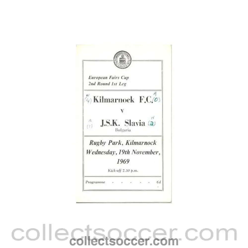 1969 Kilmarnock v Slavia, Bulgaria European Fairs Cup Second Round First Leg official programme 19/11/1969 - Collect Soccer