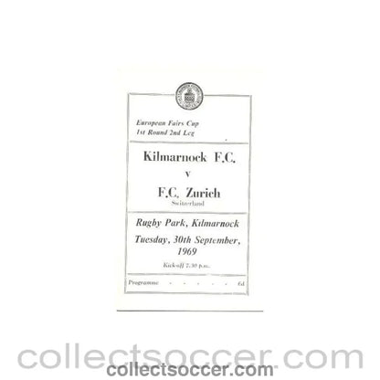 1969 - Kilmarnock v Zurich European Fairs Cup First Round Second Leg official programme 30/09/1969 - Collect Soccer