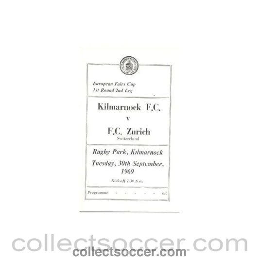 1969 - Kilmarnock v Zurich European Fairs Cup First Round Second Leg official programme 30/09/1969 - Collect Soccer