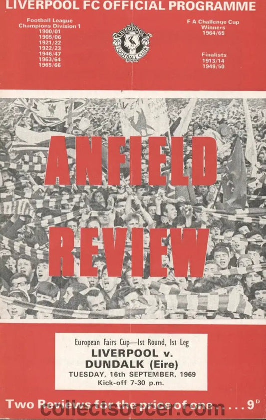 1969 - Liverpool v Dundalk European Fairs Cup 1st Round 1st Leg official programme 16/09/1969 - Collect Soccer