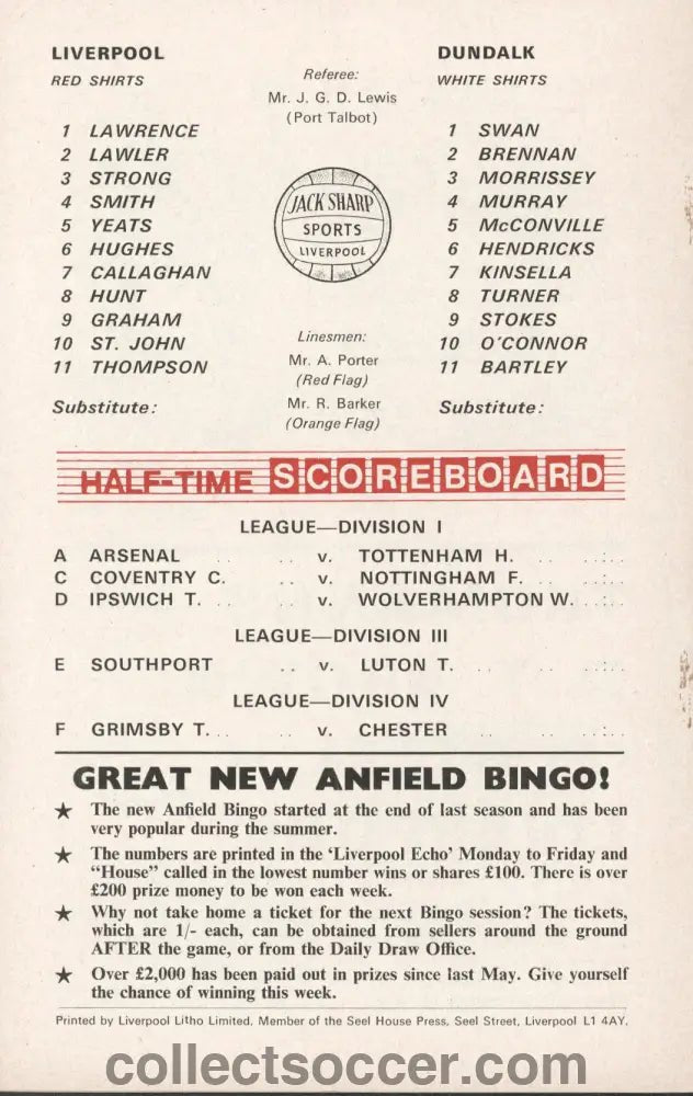 1969 - Liverpool v Dundalk European Fairs Cup 1st Round 1st Leg official programme 16/09/1969 - Collect Soccer