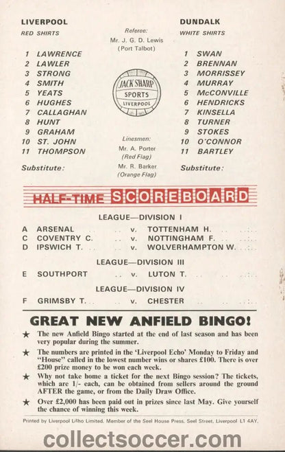 1969 - Liverpool v Dundalk European Fairs Cup 1st Round 1st Leg official programme 16/09/1969 - Collect Soccer