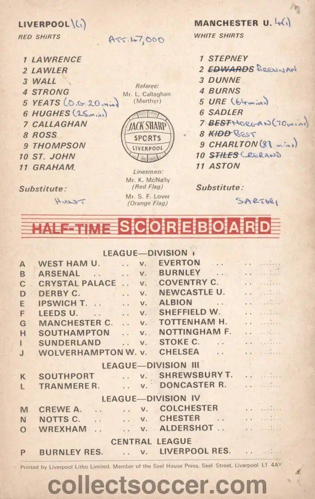 1969 Liverpool v Manchester United official programme 13/12/1969 Football League - Collect Soccer