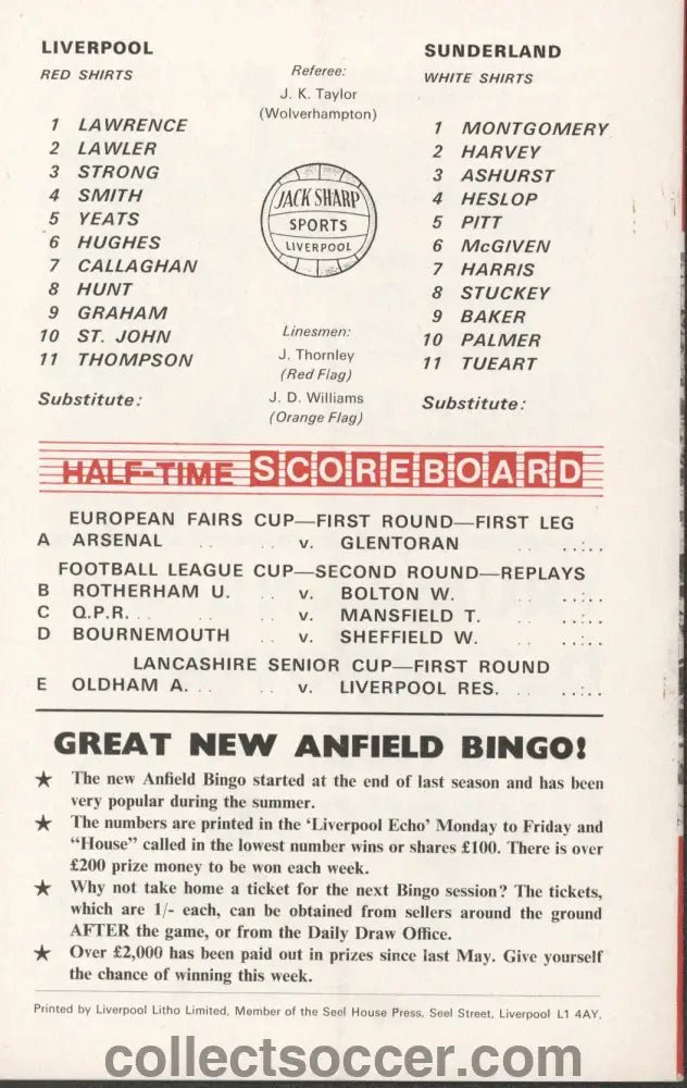 1969 - Liverpool v Sunderland official programme 09/09/1969 - Collect Soccer