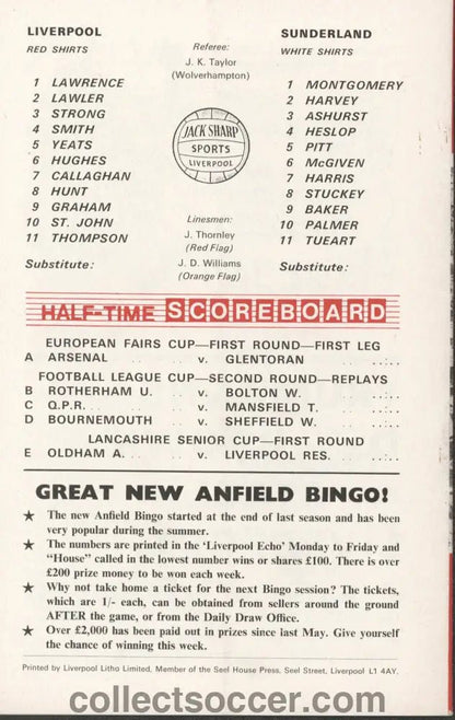 1969 - Liverpool v Sunderland official programme 09/09/1969 - Collect Soccer