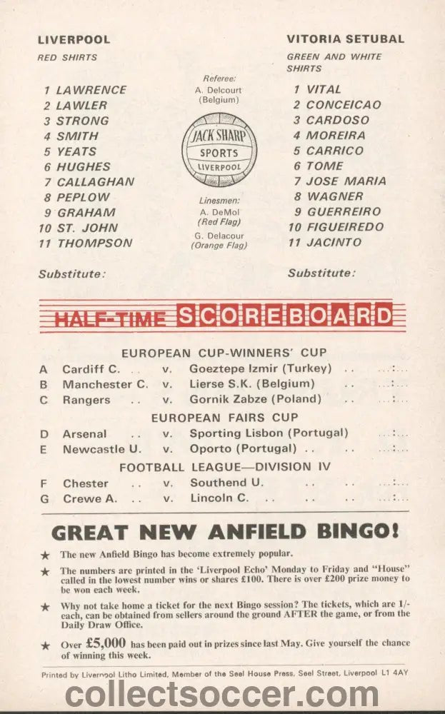 1969 Liverpool v Vitoria Setubal European Fairs Cup Second Round Second Leg official programme 26/11/1969 - Collect Soccer
