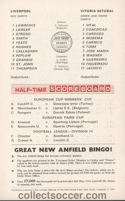 1969 Liverpool v Vitoria Setubal European Fairs Cup Second Round Second Leg official programme 26/11/1969 - Collect Soccer