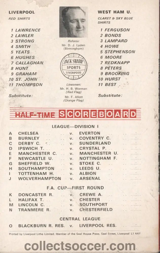 1969 - Liverpool v West Ham United official programme 15/11/1969 - Collect Soccer